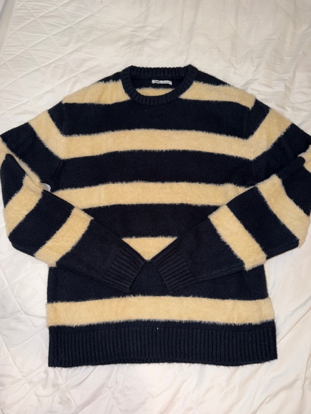 Zara Black and Cream Striped Crewneck Sweater